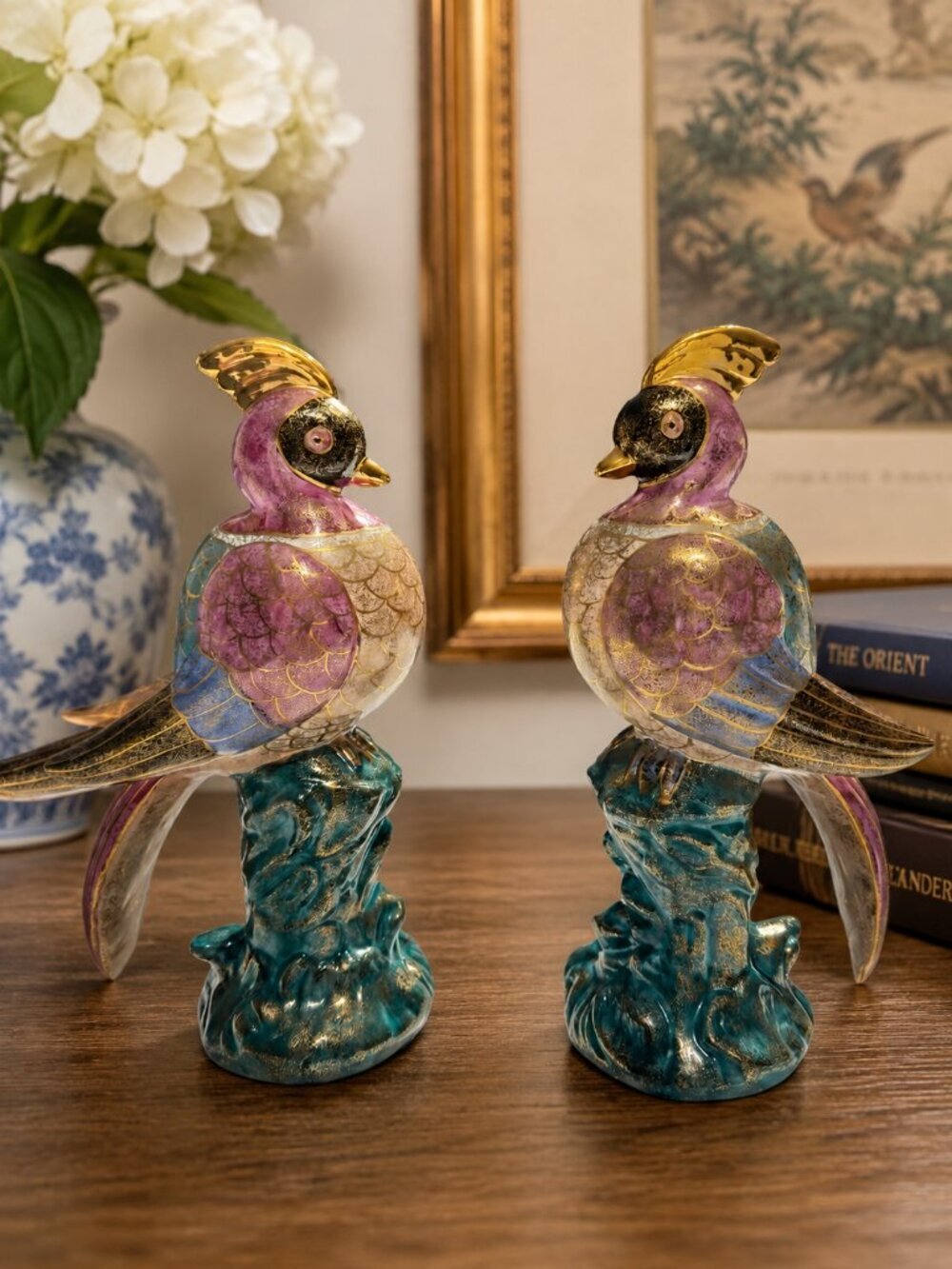 Vtg China Trader Macau Phoenix/Pheasant Birds Colorful Iridescent Gold Accents 2